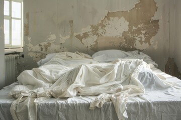 White bedding on a bed in an old abandoned house. Selective focus.