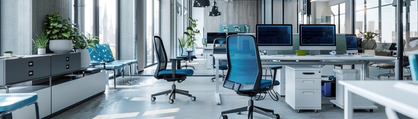 Modern open-plan office with blue chairs and desks, featuring large windows and natural lighting, creating a bright and productive workspace.