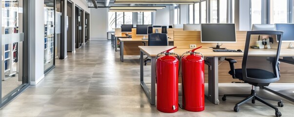 Modern open-plan office with desks, chairs, computers, and fire extinguishers in a bright and spacious work environment.