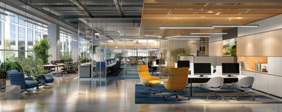 Modern open-plan office space with stylish furniture, plants, and natural light, promoting a productive and pleasant working environment.