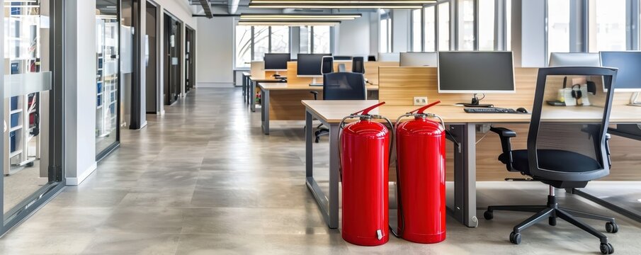 Modern open-plan office with desks, chairs, computers, and fire extinguishers in a bright and spacious work environment.