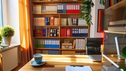 Sunlit home office with bookshelf, organized workspace, and coffee cup on the desk, showcasing a productive and cozy environment.