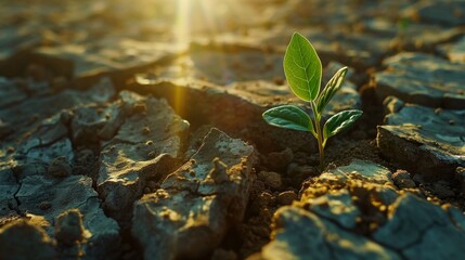 A green plant grows on a crack in the middle of a dried up area. Environmental recovery from human activities and climate change concept.