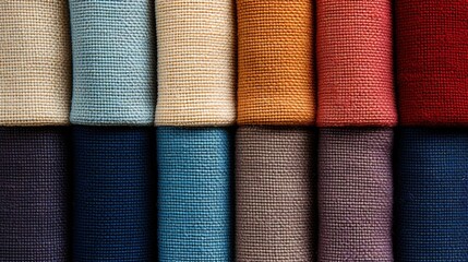 Bright collection of gunny textile samples. Fabric texture background.