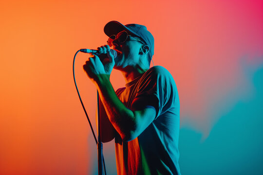 Silhouette of Male Singer Performing with Microphone Against Vibrant Orange Background