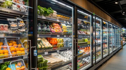 Un pasillo de c&aacute;maras frigor&iacute;ficas con productos refigerados frescos en el interior de un supermercado, secci&oacute;n de refrigerados