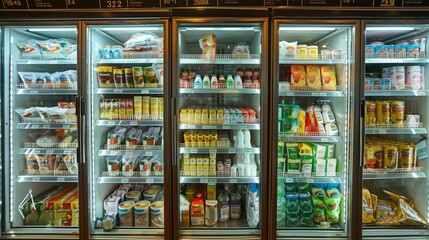 Un pasillo de cámaras frigoríficas con productos refigerados frescos en el interior de un supermercado, sección de refrigerados
