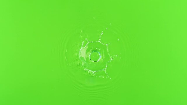 Slow motion of splashing water drop on green screen background , filmed on high speed cinematic camera at 1000 FPS
