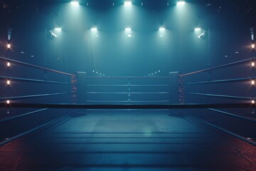 A flawless boxing ring bathed in intense light, ready for the main event. The bright spotlights highlight every detail of the ring.