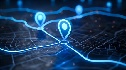 Futuristic GPS map with glowing location pins and digital pathways, showcasing advanced navigation and geolocation technology