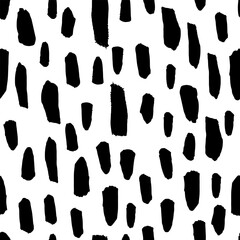 Brush strokes doodle vector seamless pattern. Black and white mosaic texture. Black paint freehand scribbles, straight lines, dry brushstroke texture. 