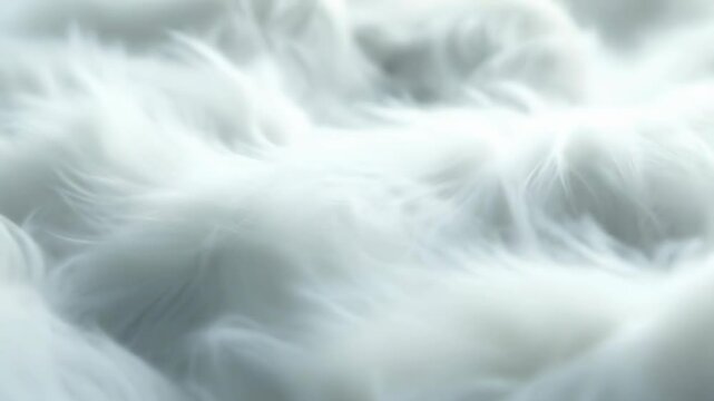 Close-up view of soft white fur, showing gentle waves and detailed textures. The fur appears clean and fluffy, creating a soothing and comfortable visual. Natural lighting enhances the soft mood.