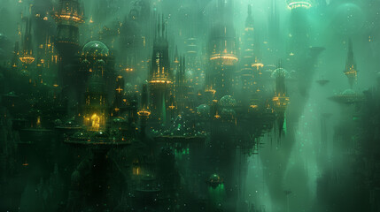Surreal underwater city with luminous structures
