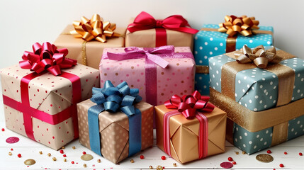 Obraz premium gift box with ribbon. Christmas background with gifts. Happy New Year. Merry Christmas. Xmas Greeting card. copy space. Beautiful Winter Holiday postcard.