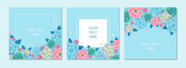 Blue square floral background templates with space for text. Set of designs with flowers and hearts in vector. Suitable for social media, banner, invitation or card