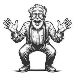 joyful elderly man with excited expression, raising his hands in a dynamic pose sketch engraving generative ai fictional character vector illustration. Scratch board imitation. Black and white image.