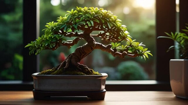 bonsai plants on the terrace with some branches and bent trunks