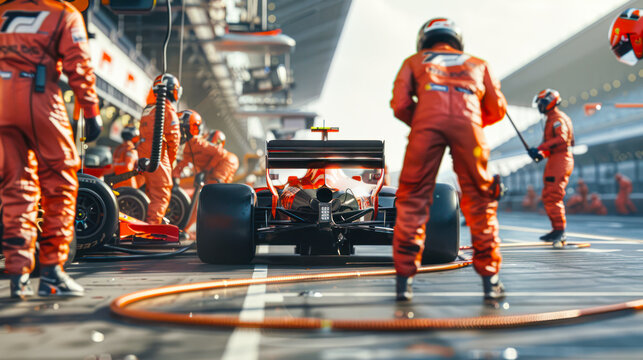 Professional pit crew in orange uniform ready for action as their team's race car arrives in the pit lane during pitstop of car race, concept of Professional teamwork. Back view racing car on pit stop