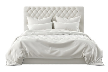 3d rendering of bed with white linen and quilted headboard isolated on transparent background cutout