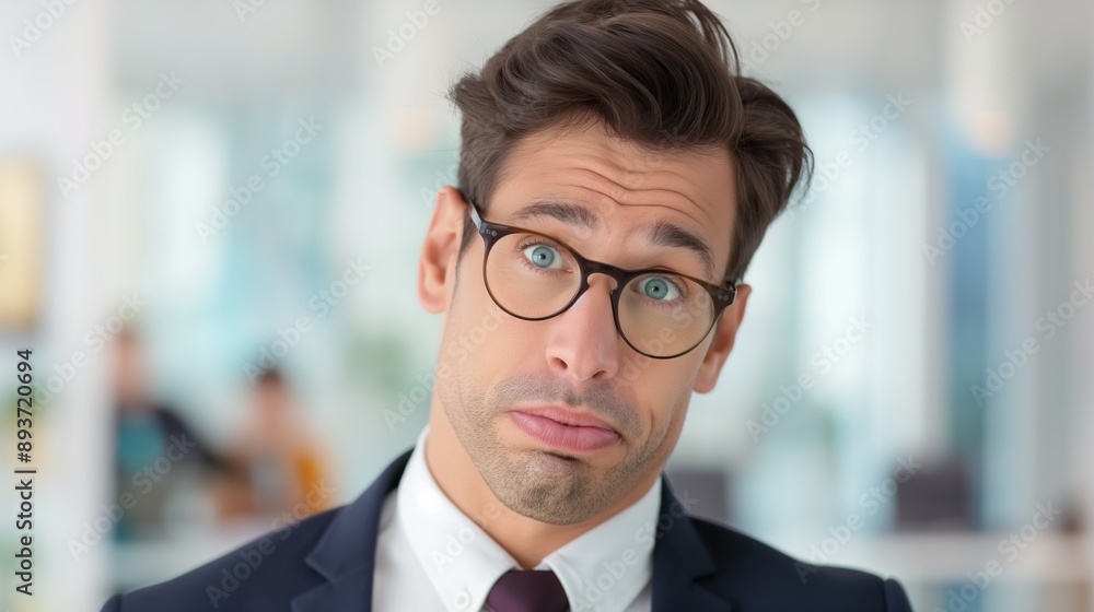 Poster a man in a suit and glasses is looking at the camera with a puzzled expression. he is in a professio