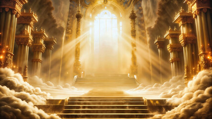 Obraz premium Celestial Sanctuary with tall golden pillars environment with clouds and fog effects illustration