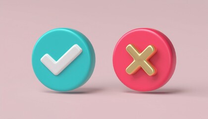Obraz premium Realistic right and wrong 3D Button. A set of glossy round icons with a check mark, a sign of the cross. 3d minimalist style. Symbols of acceptance, rejection and attention.