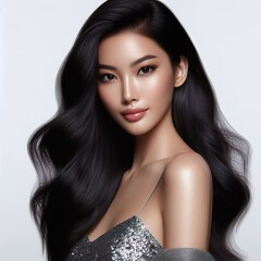 Fototapeta premium a beautiful Asian woman with flawless skin, long, vibrant black hair, wearing a sparkling silver sequin dress