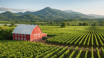 A scenic view of a red barn surrounded by lush, green vineyards with mountains in the background under a clear blue sky.