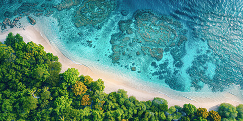 A drone shot of a vibrant coral reef just off a tropical beach