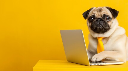 A dog is sitting at a desk with a laptop and a yellow tie. Concept of humor and playfulness