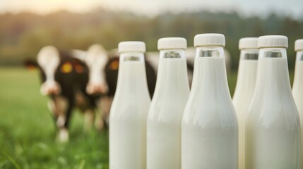 Fresh milk bottles in front of grazing cows on a farm with a natural background. Captures the essence of dairy farming and fresh produce.