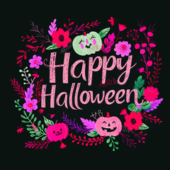 Fototapeta premium Happy Halloween template or party invitation card background with pumpkins, and flowers decorated with vines and leaves, 