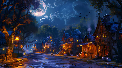 A dark, eerie scene of a town at night with a full moon in the sky