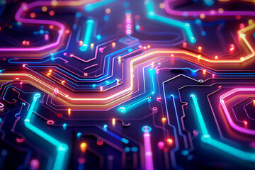 Vibrant and intricate circuit board design featuring colorful neon lights and pathways for modern technology visuals.