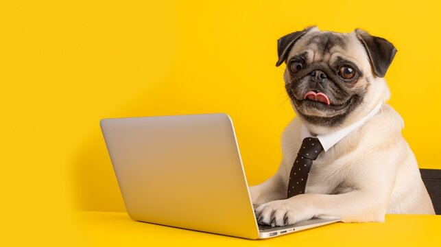 A dog is sitting at a laptop with a tie on. The dog is wearing a tie and he is working on the computer