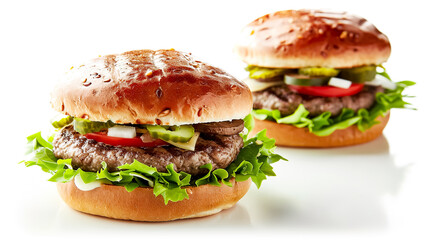 Two hamburgers with lettuce, tomato and onion on white background