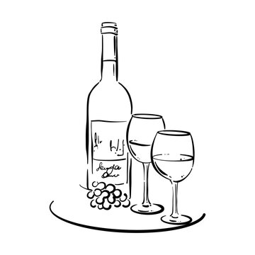 recommend clip art: Bottle of wine, two glasses and a basket of grapes. Vintage drawing in sketch style. Vector doodle