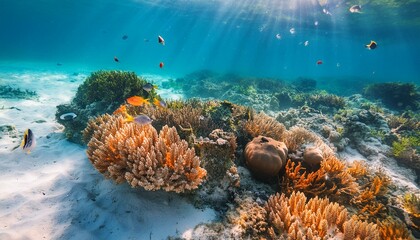Obraz premium coral reef and fish, clear water ocean with sunlight rays coming through