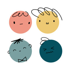 Different colorful characters. Round abstract comic faces with various Emotions. Crayon drawing style. Cartoon style. Flat design. Hand drawn trendy Vector illustration.