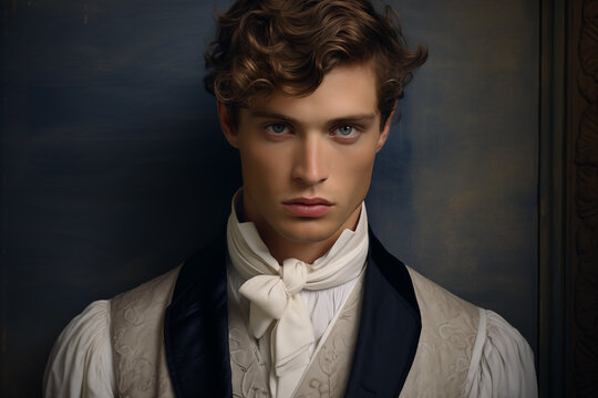 young man in formal victorian-style regency outfit