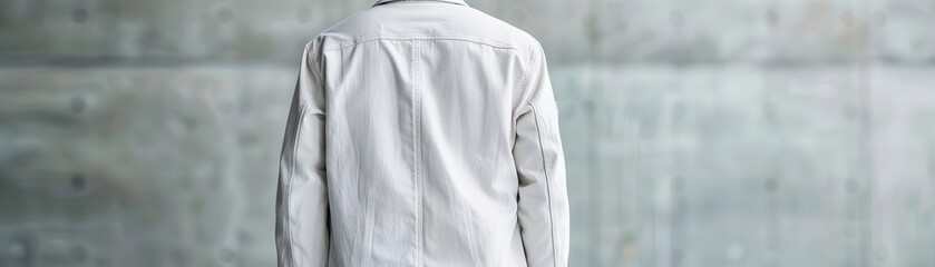 Back view of person in white shirt against grey concrete wall background, minimalistic and stylish fashion concept image.