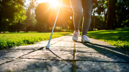 Person with Visual Impairment Walking Using White Cane in Park