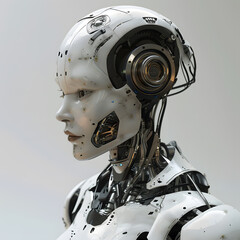 Fototapeta premium Highly realistic lifelike robot with intricate details and expressive human-like features in a futuristic setting.