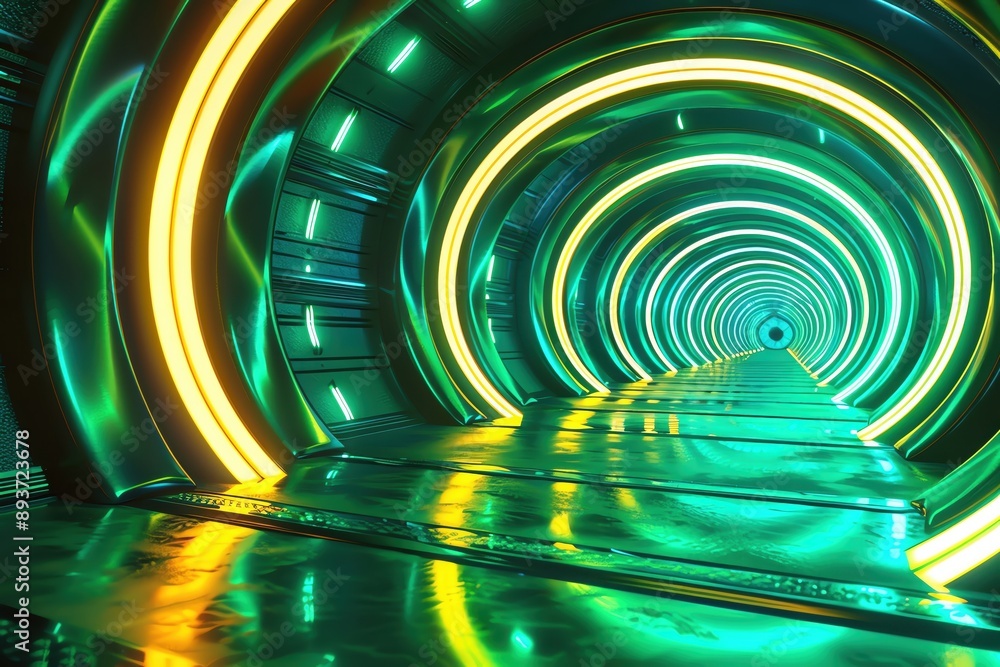 Poster a vibrant tunnel illuminated with circular neon lights, creating an immersive and futuristic atmosph