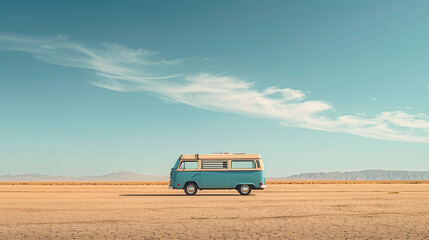 A blue van driving on a vast, empty desert road under a clear sky.