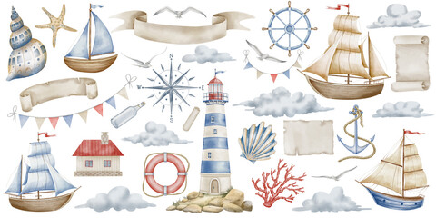 Watercolor clipart with Sailboat and Lighthouse for Baby design in nautical style. Drawing of Beacon and Ships in pastel blue and beige colors on isolated background. Childish marine set for kids.