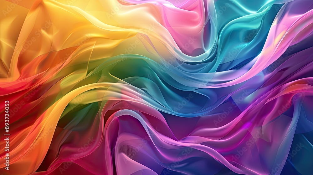 Poster ribbon strokes in rainbow hues forming a fluid wave, creating an abstract and dynamic design.