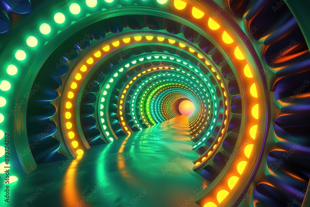 Poster a vibrant tunnel illuminated by colorful lights, creating a mesmerizing visual experience that draws