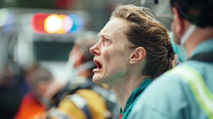 Urgent Call for Aid: Woman in Distress Calls for Help as Paramedics Attend to Injured Man in the Background
