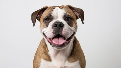 Portrait of White and brindle american bulldog on grey background